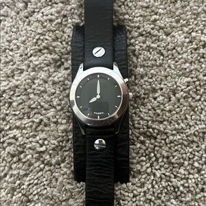 1999 Fossil Black Leather Cuff Watch with Silver Accents